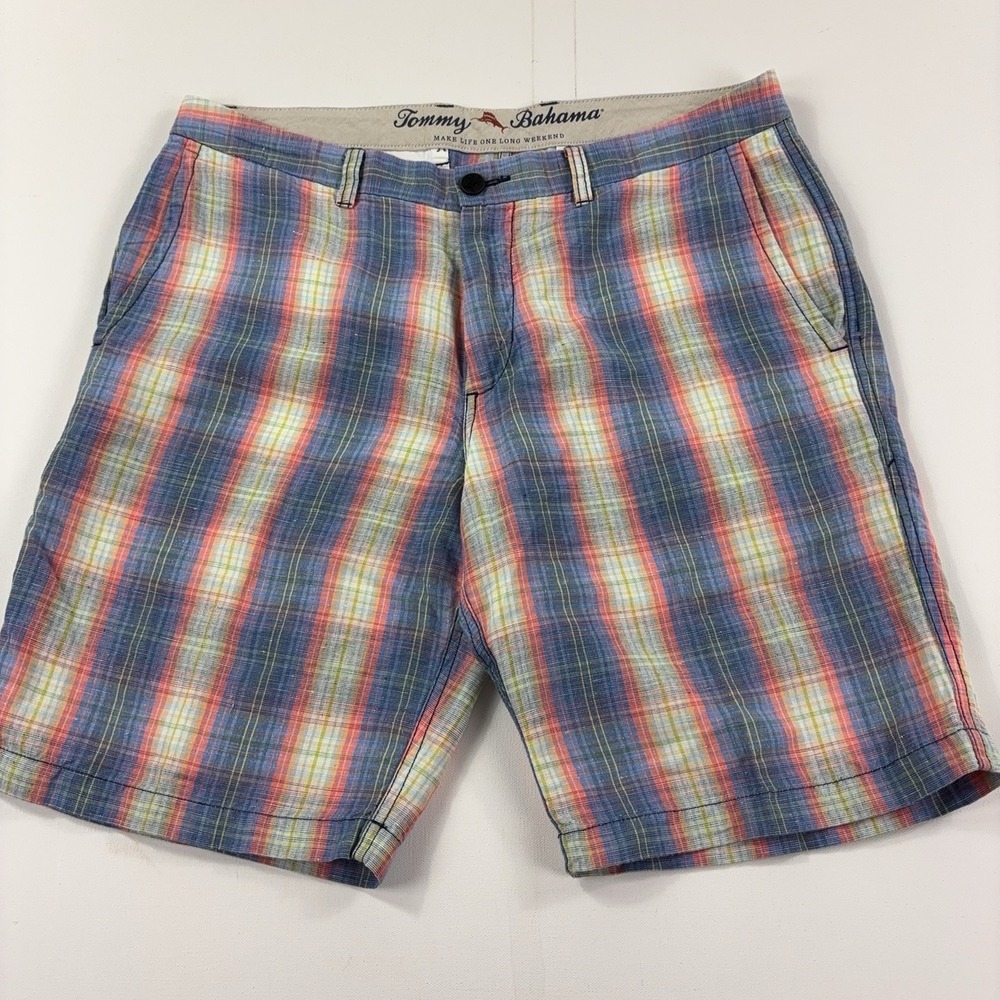 Tommy Bahama Shorts Mens 34 Multicolor Plaid Linen Chino 10 Inseam Beach Casual